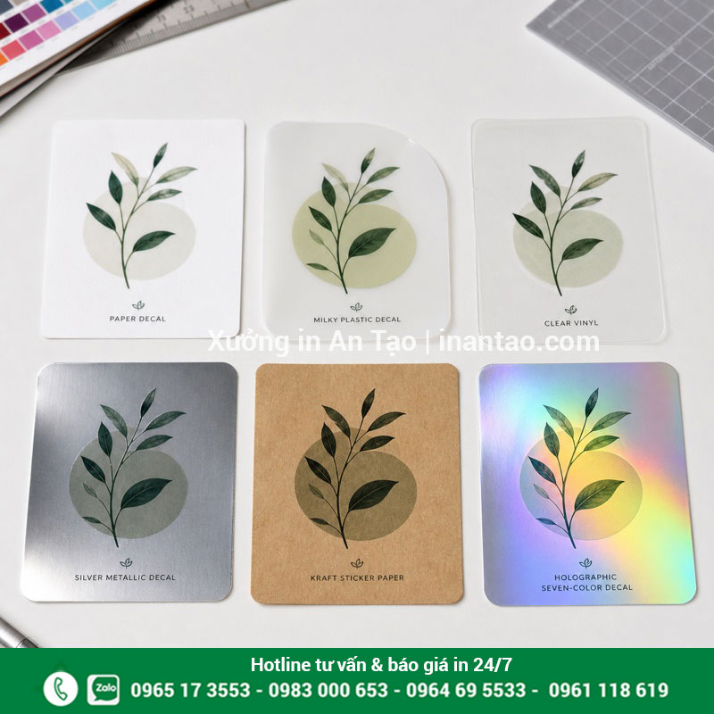 Các loại chất liệu in decal phổ biến So sánh decal giấy, nhựa, trong, bạc, kraft và bảy màu