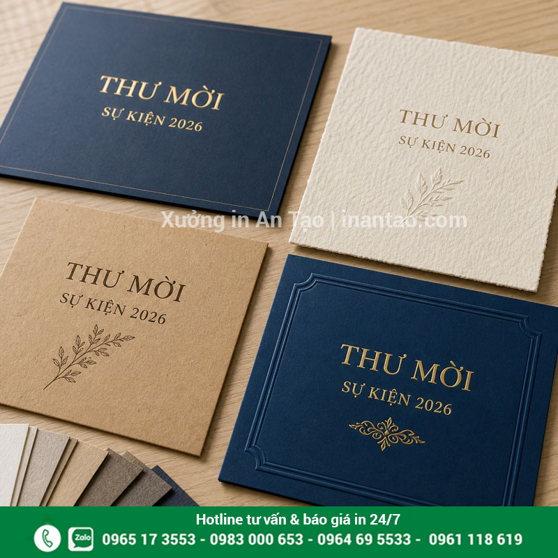 So sánh giấy mỹ thuật, kraft và ép kim cho thiệp mời Chất liệu giấy và gia công in thiệp mời