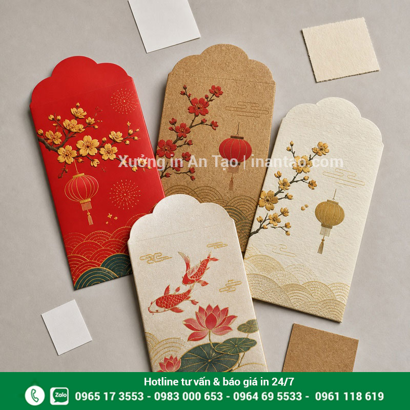 Chất liệu in bao lì xì theo yêu cầu Các chất liệu giấy in bao lì xì gồm Couche, Kraft, giấy mỹ thuật và ánh kim
