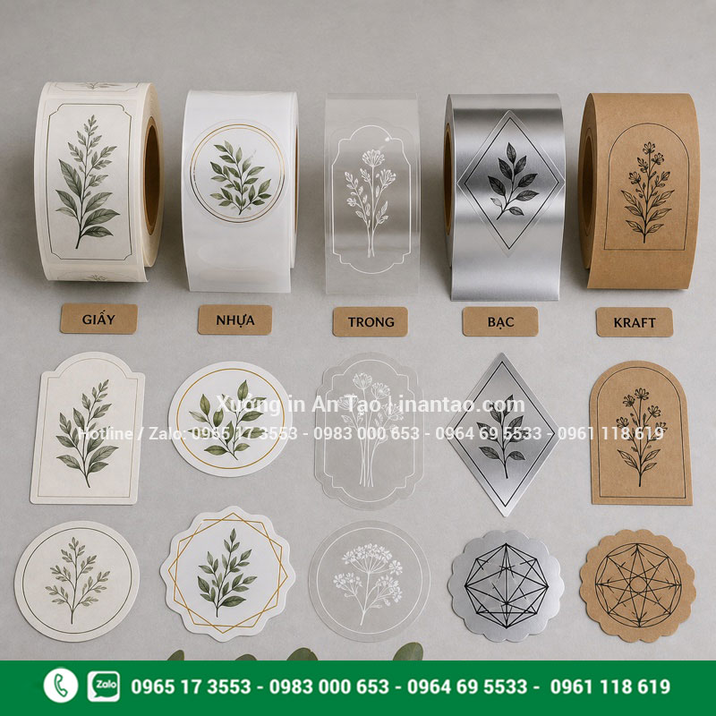 So sánh chất liệu in tem nhãn decal Chất liệu in tem nhãn decal giấy, nhựa, trong và bạc