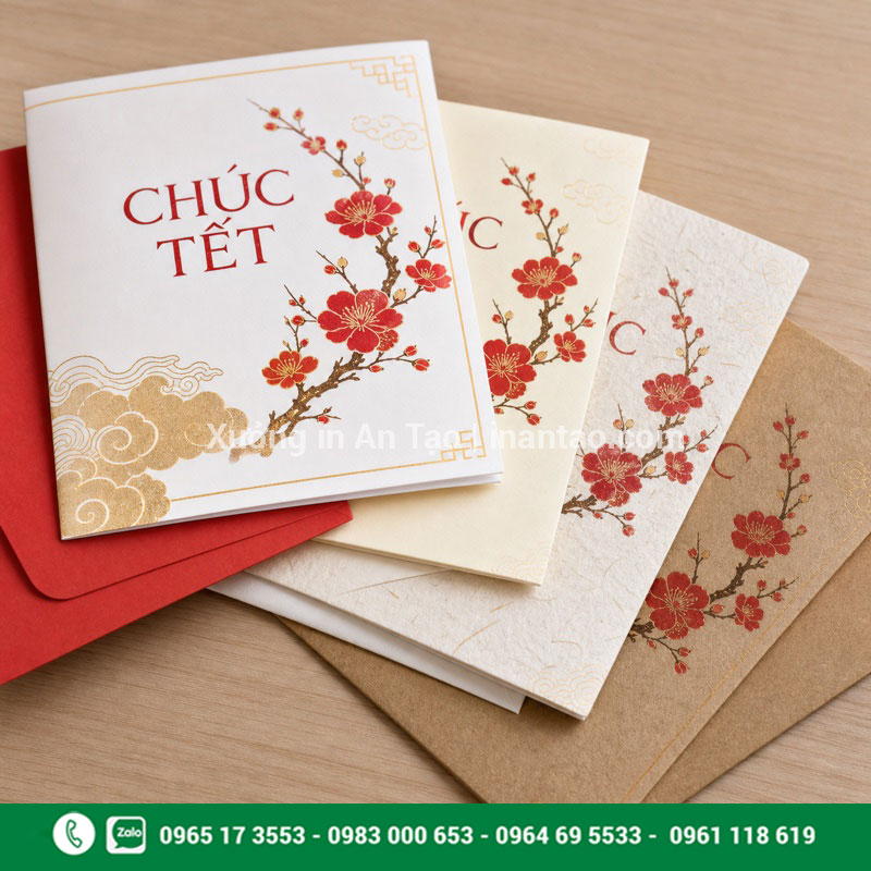 Chất liệu in thiệp chúc Tết So sánh chất liệu in thiệp chúc Tết Couche Ivory Kraft và giấy mỹ thuật