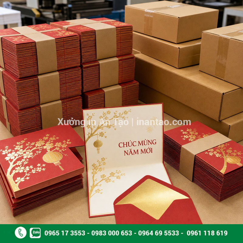 Đóng gói thiệp Tết thành phẩm Đóng gói đơn hàng in thiệp chúc mừng cùng bao thư