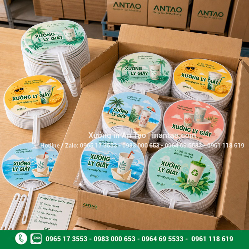 Đơn quạt nhựa quảng cáo đã hoàn thiện Đóng gói quạt nhựa quảng cáo hoàn thiện sẵn sàng giao