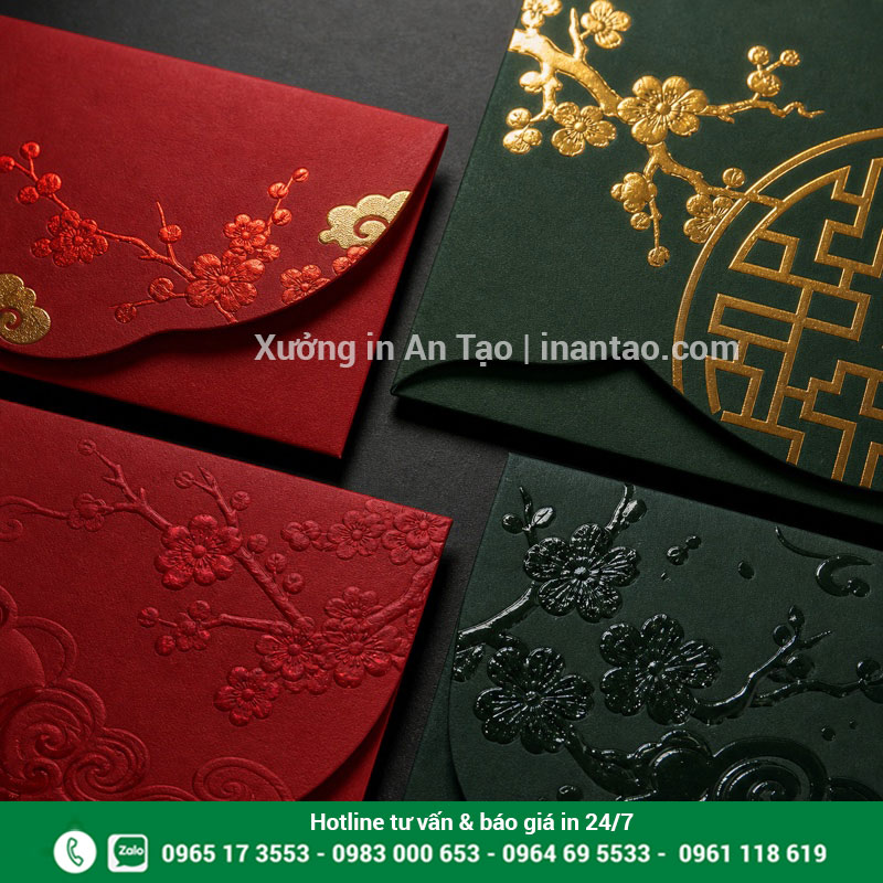 Gia công bao lì xì cao cấp sau in Mẫu in bao lì xì cán mờ, ép kim, dập nổi và phủ UV