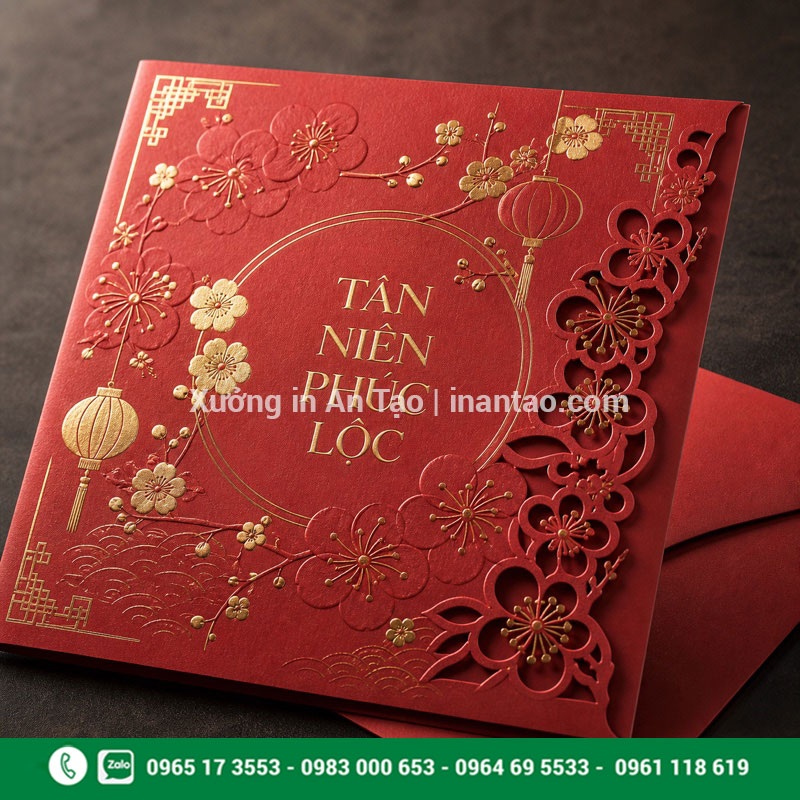 Gia công thiệp chúc mừng năm mới cao cấp Thiệp chúc Tết đẹp gia công ép kim dập nổi và cắt laser