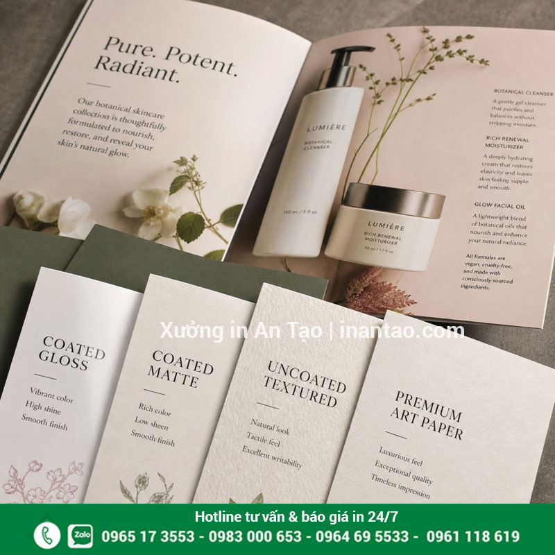 Chọn giấy in ấn brochure theo mục đích sử dụng Mẫu giấy Couche và giấy mỹ thuật dùng để in ấn brochure