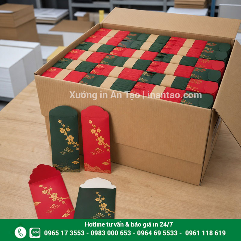 In bao lì xì giá sỉ số lượng lớn Đơn in bao lì xì giá sỉ được chia bó và đóng thùng tại xưởng
