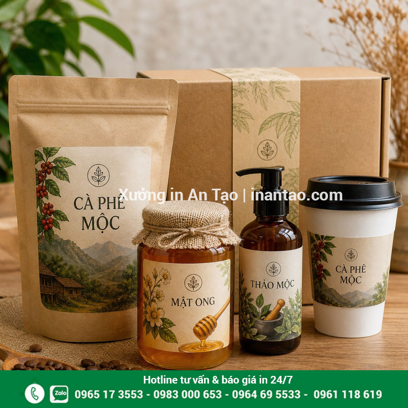 Ứng dụng in decal tem nhãn cho nhiều sản phẩm In decal tem nhãn dán trên túi cà phê, hũ mật ong và chai mỹ phẩm