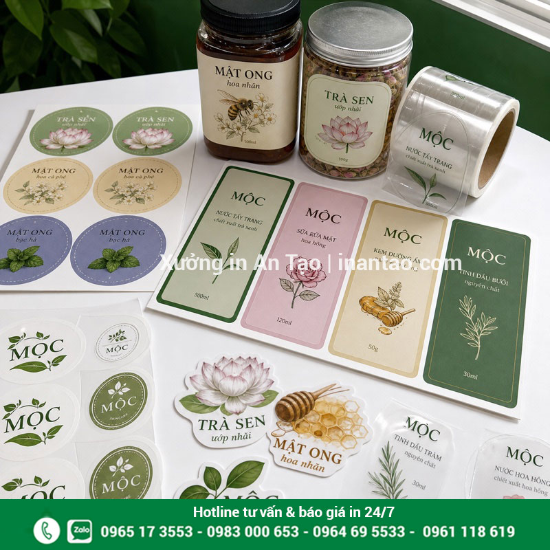 In decal theo yêu cầu đẹp tại xuonglygiay.com Mẫu in decal hoàn chỉnh gồm tem chai lọ và sticker tại xuonglygiay.com