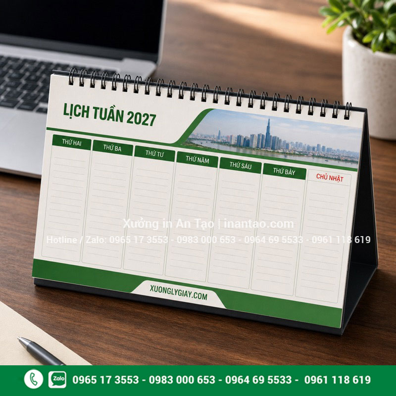 In lịch bàn dạng tuần theo yêu cầu In lịch bàn dạng tuần 2027 có ô ghi công việc từng ngày