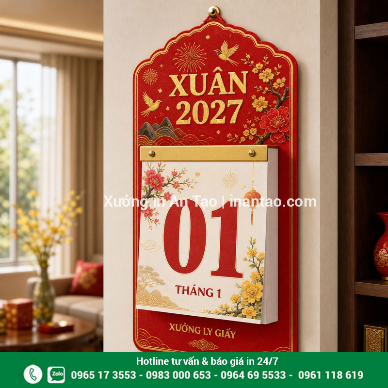 In lịch bloc theo yêu cầu tại xuonglygiay.com Mẫu in lịch bloc theo yêu cầu hoàn thiện màu đỏ vàng