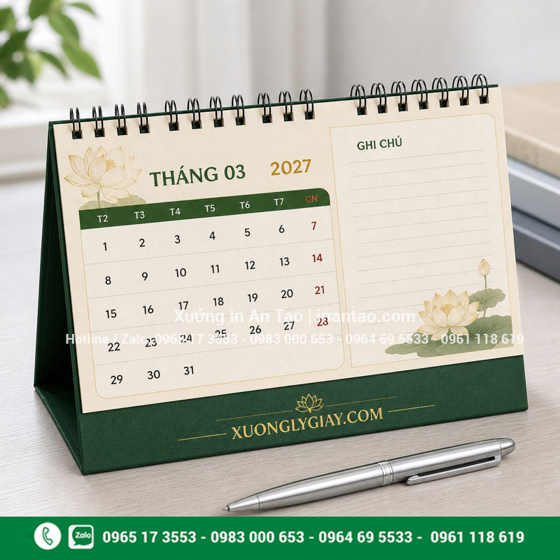 In lịch để bàn có phần ghi chú In lịch để bàn có ghi chú với trang tháng 3 và họa tiết hoa sen