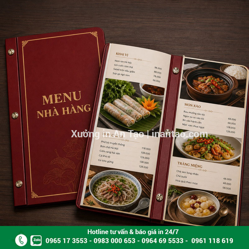 In menu bìa cứng cao cấp, chắc chắn Mẫu in menu bìa cứng đóng ốc với ruột cán màng sắc nét