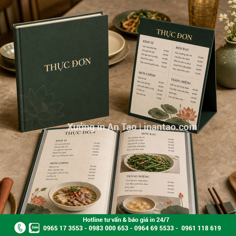 In menu đẹp theo yêu cầu tại xuonglygiay.com Bộ in menu bìa cứng, giấy nhựa và menu để bàn hoàn thiện