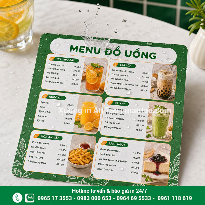 In menu giấy nhựa bền, dễ lau sạch In menu giấy nhựa chống nước có giọt nước trên bề mặt