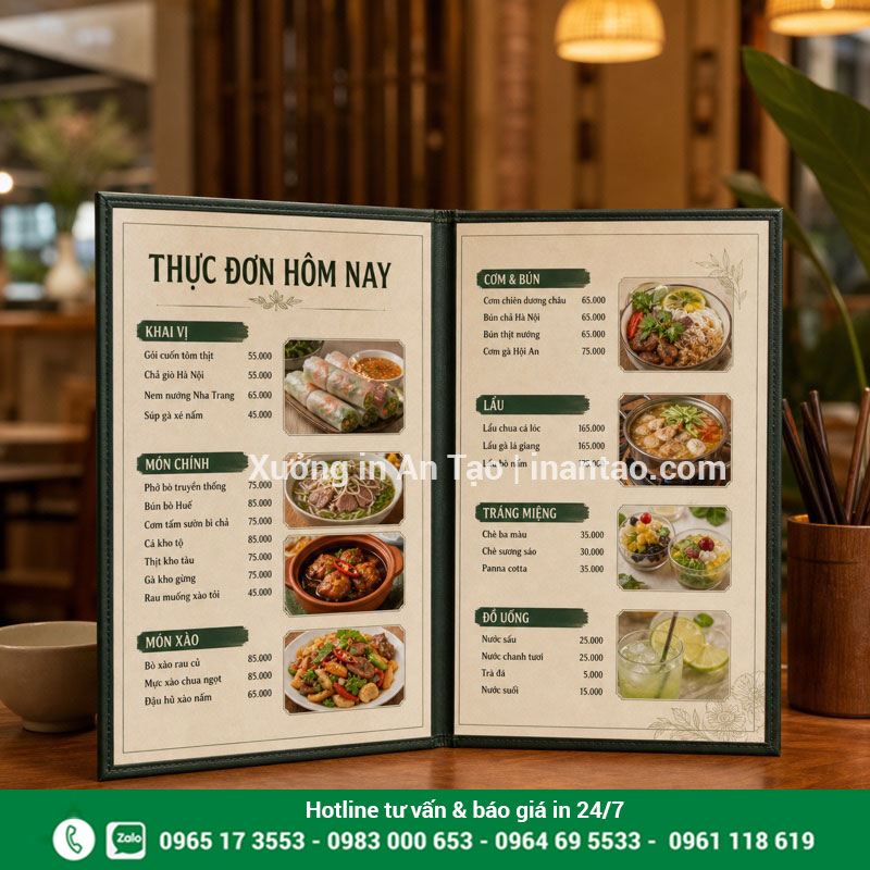 In menu nhà hàng giá rẻ, trình bày dễ gọi món Menu nhà hàng hoàn thiện đặt trên bàn ăn sang trọng