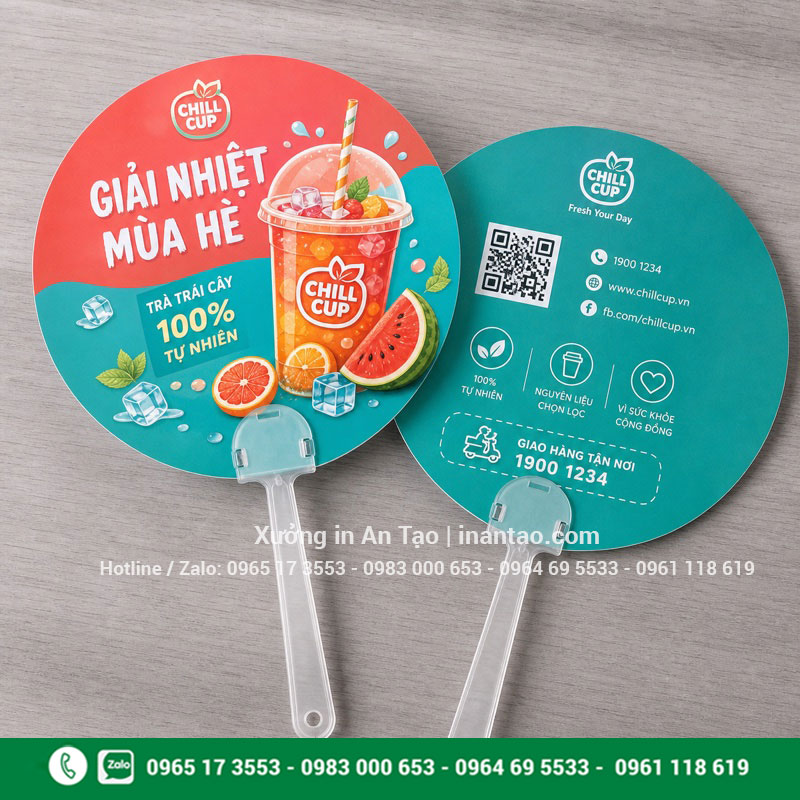 Mẫu in quạt giấy hai mặt hoàn thiện In quạt giấy hai mặt với thiết kế đồ uống và mã QR