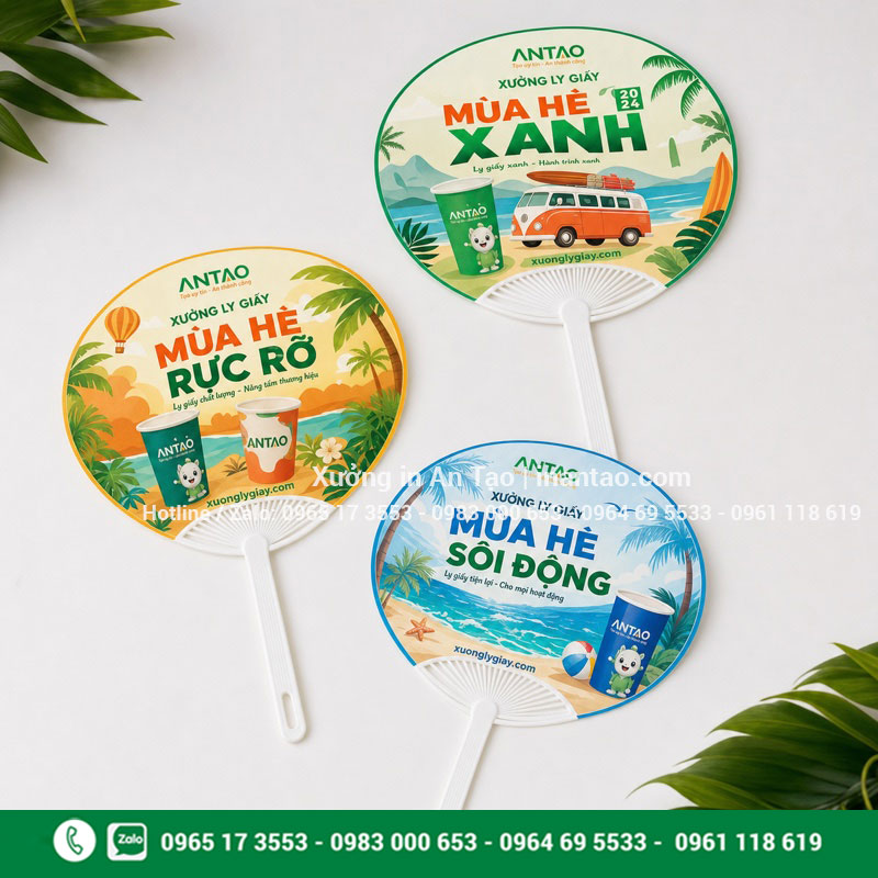 Mẫu in quạt nhựa cầm tay tròn In quạt nhựa cầm tay mẫu tròn với thiết kế mùa hè