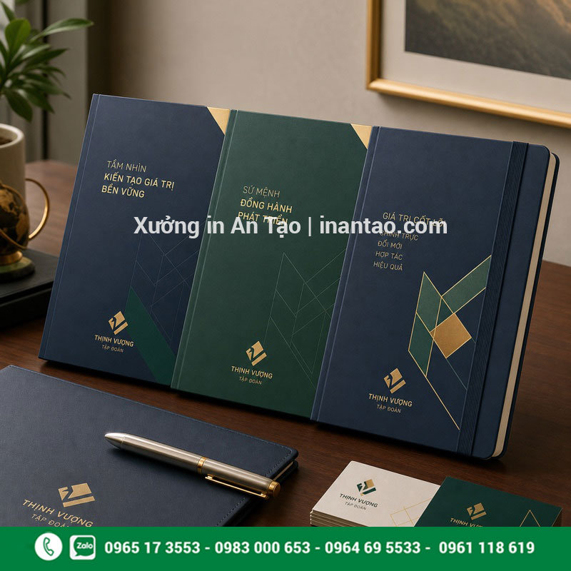 Mẫu sổ tay doanh nghiệp đồng bộ nhận diện thương hiệu In sổ tay doanh nghiệp với thiết kế xanh navy và ép kim