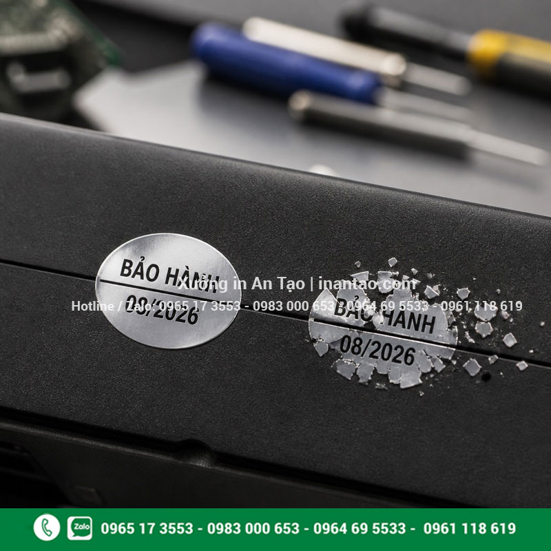In tem bảo hành vỡ bằng decal bạc In tem bảo hành vỡ decal bạc dán trên thiết bị điện tử