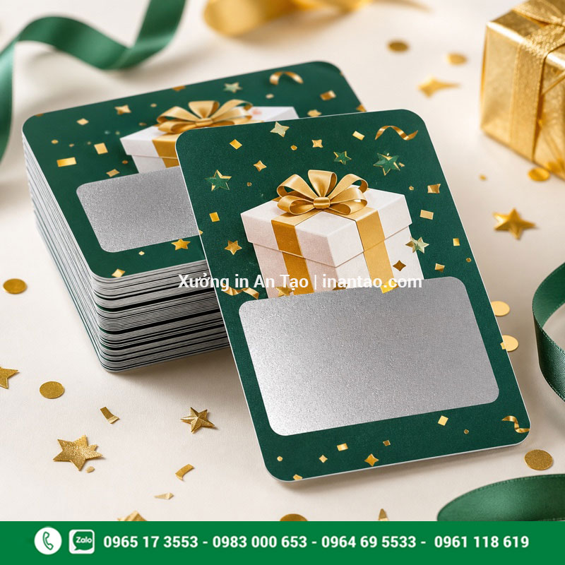 In thẻ cào giá rẻ theo yêu cầu Chồng thẻ cào giá rẻ in màu xanh với vùng phủ nhũ bạc
