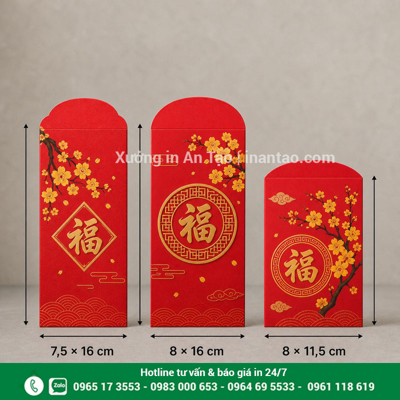 Kích thước in bao lì xì phổ biến So sánh kích thước in bao lì xì 7,5 x 16 cm, 8 x 16 cm và 8 x 11,5 cm