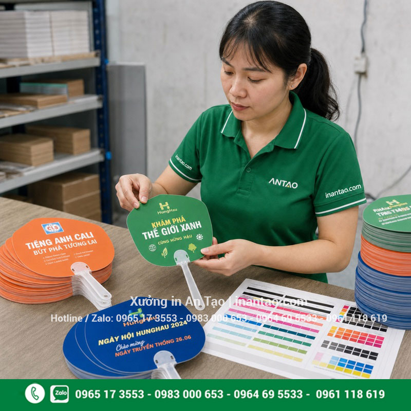 Kiểm tra chất lượng in quạt giấy tại xuonglygiay.com Nhân viên Việt Nam kiểm tra màu in quạt giấy tại xưởng