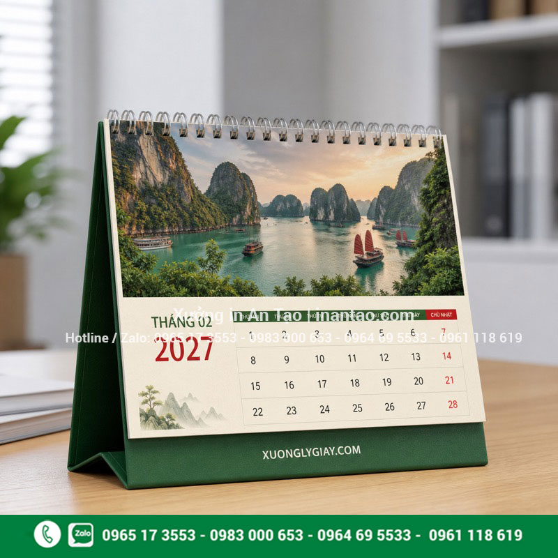 Mẫu lịch để bàn chữ A in lò xo Mẫu lịch để bàn chữ A tháng 2 năm 2027 đế xanh lá