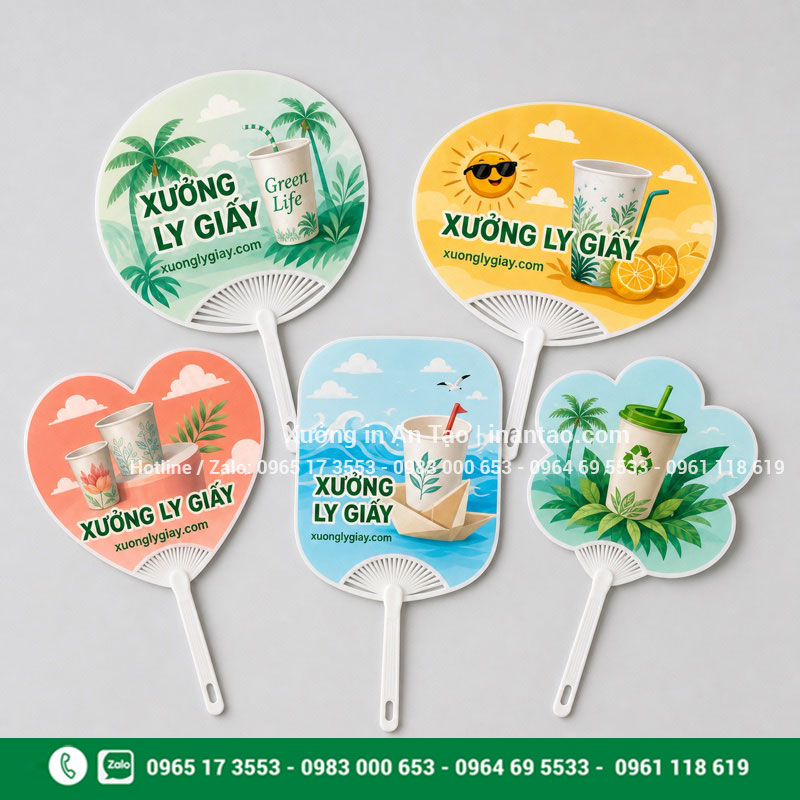 Mẫu quạt nhựa quảng cáo tròn, tim, vuông và hoa Các mẫu quạt nhựa quảng cáo tạo hình theo yêu cầu