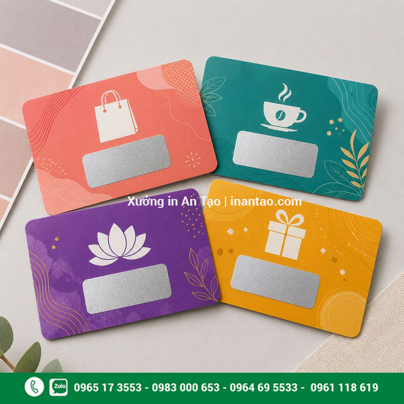 Mẫu in thẻ cào khuyến mãi nhiều ngành Bốn mẫu thẻ cào khuyến mãi dành cho bán lẻ cà phê spa và quà tặng