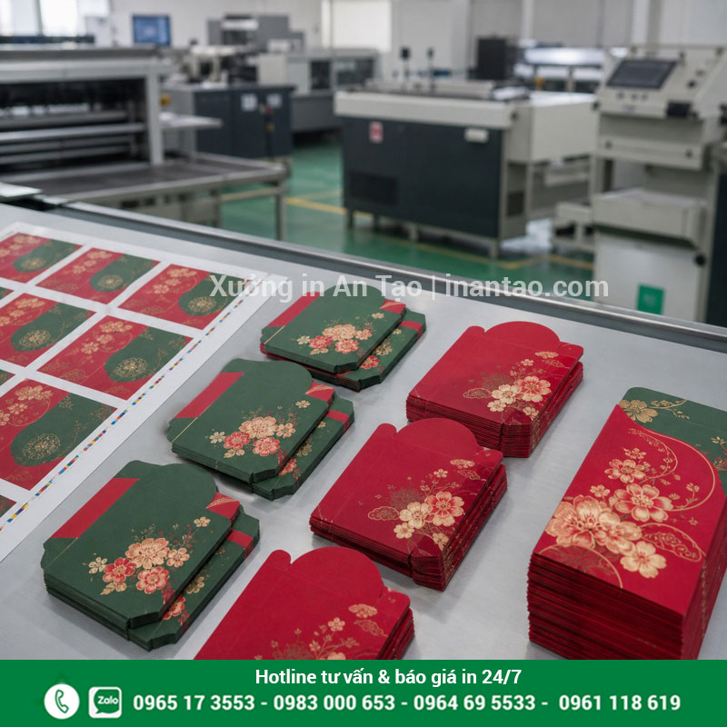 Quy trình sản xuất tại xưởng in bao lì xì Quy trình in bao lì xì từ tờ in, bế, gấp dán đến kiểm tra thành phẩm
