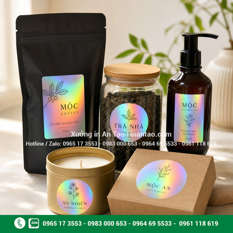 Ứng dụng tem 7 màu thường trên bao bì Tem 7 màu thường dán trên túi cà phê hũ trà mỹ phẩm và hộp quà