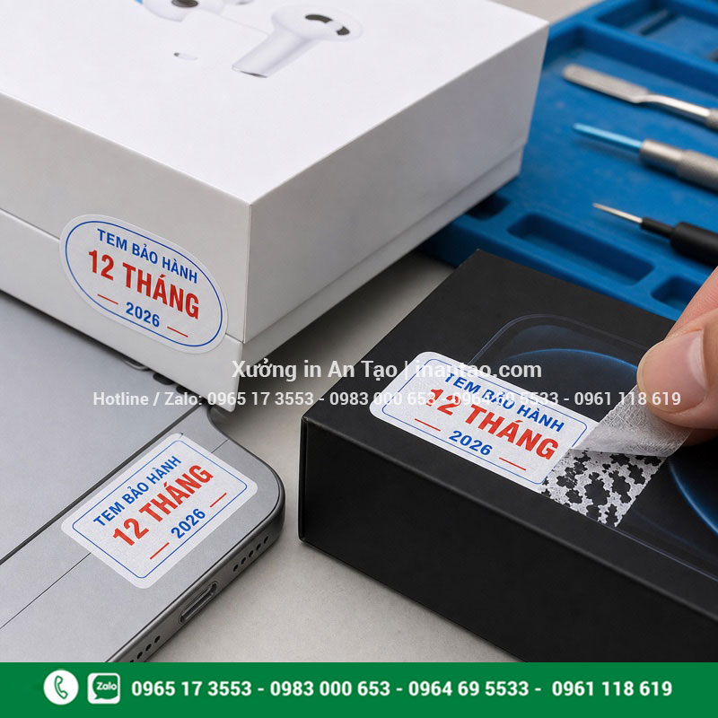 Tem bảo hành vỡ decal trắng 12 tháng Tem bảo hành vỡ decal trắng niêm phong hộp và thiết bị