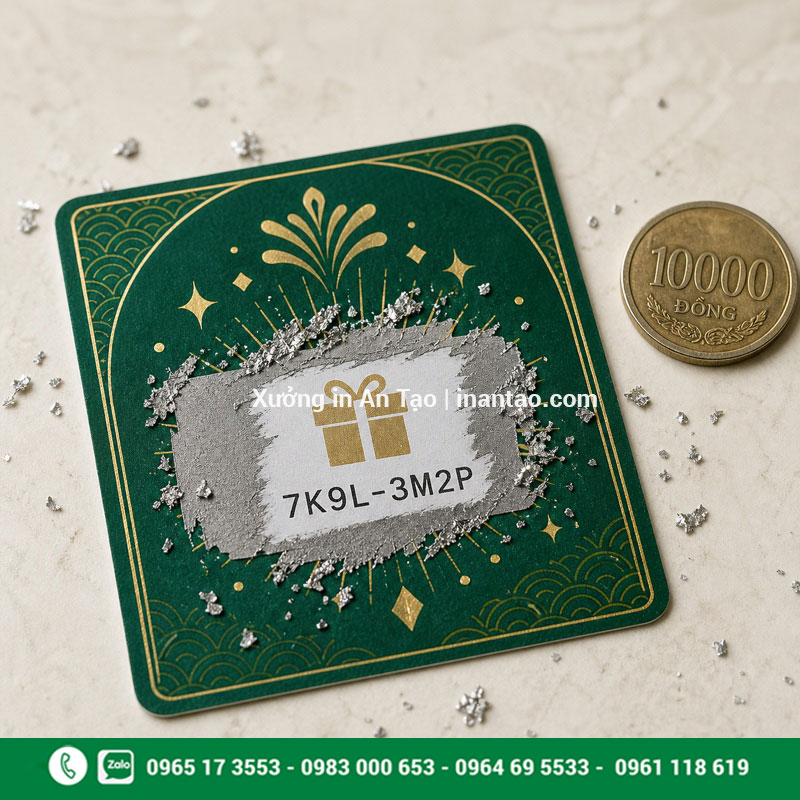 Mẫu in thẻ cào trúng thưởng Thẻ cào trúng thưởng đã cào một phần để lộ mã nhận quà