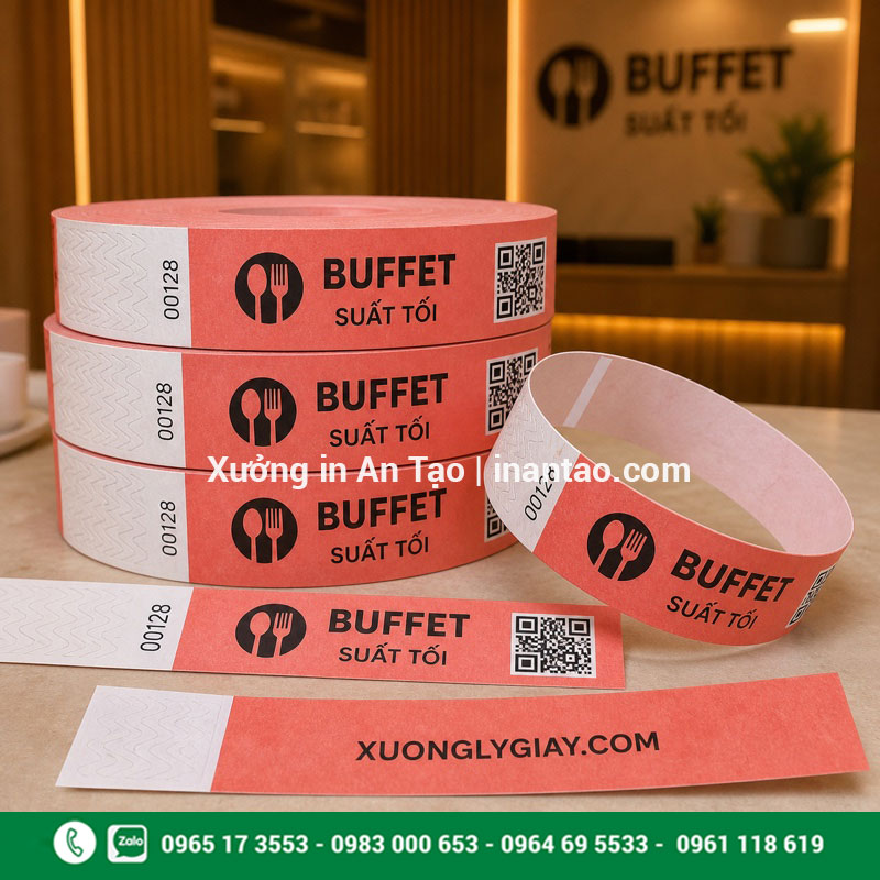 In vòng đeo tay cho buffet kiểm soát khách Vòng đeo tay quản lý khách tham gia buffet theo ca và mã QR