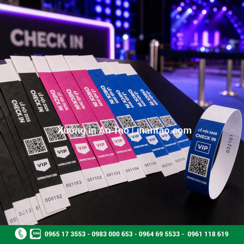 Vòng tay check in sự kiện in dữ liệu biến đổi Vòng tay check in sự kiện có mã QR, số nhảy và phân hạng VIP