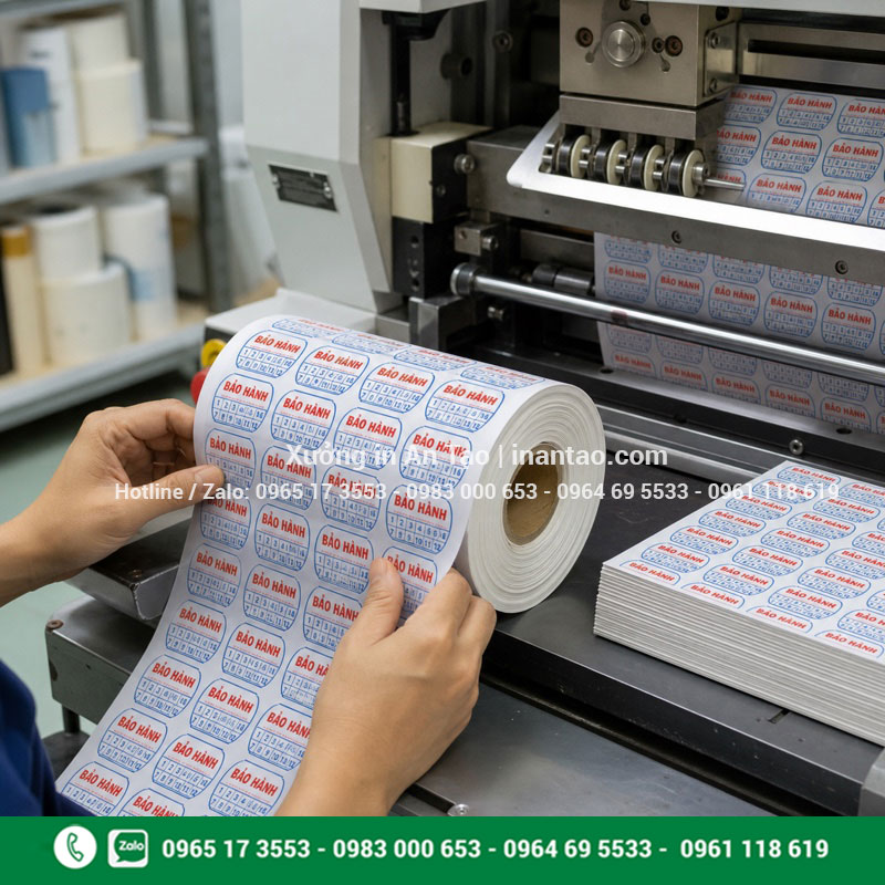 Xưởng in tem bảo hành lấy ngay Xưởng in tem bảo hành lấy ngay đang kiểm tra cuộn tem