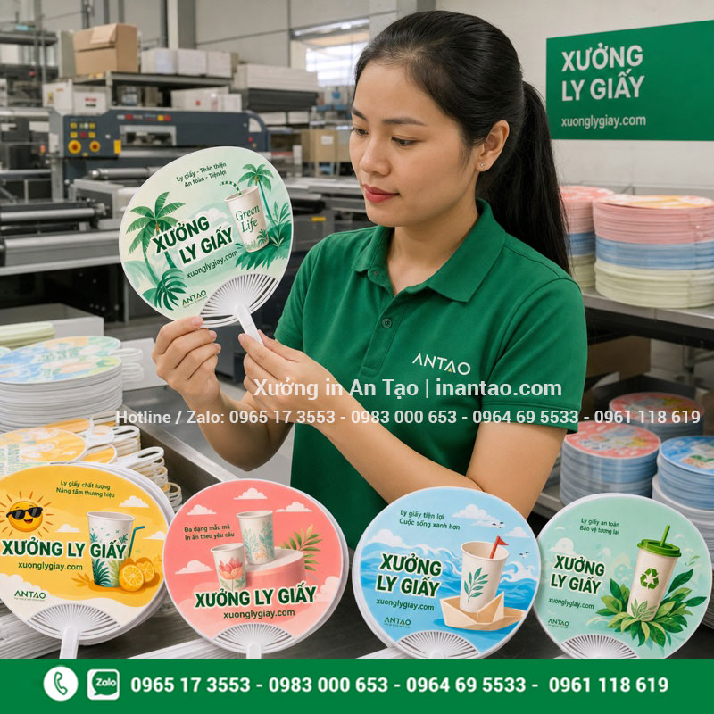 Xưởng sản xuất quạt nhựa xuonglygiay.com Xưởng sản xuất quạt nhựa với nhân viên An Tạo kiểm tra quạt in hoàn thiện