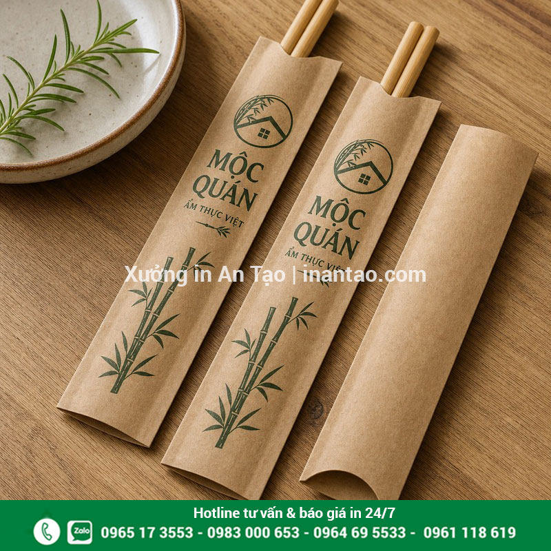 Bao đũa kraft in logo phong cách mộc Bao đũa giấy kraft in logo Mộc Quán màu xanh