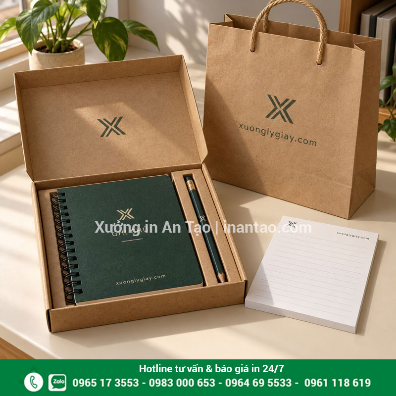 Bộ quà tặng sổ note dành cho doanh nghiệp Bộ quà doanh nghiệp gồm sổ note in nhận diện, bút, tập giấy và túi kraft đồng bộ