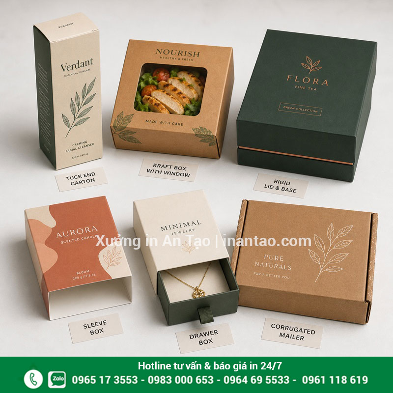 Các kiểu hộp giấy phổ biến theo kết cấu sử dụng Các kiểu hộp giấy nắp gài, âm dương, tay áo, ngăn kéo và carton sóng
