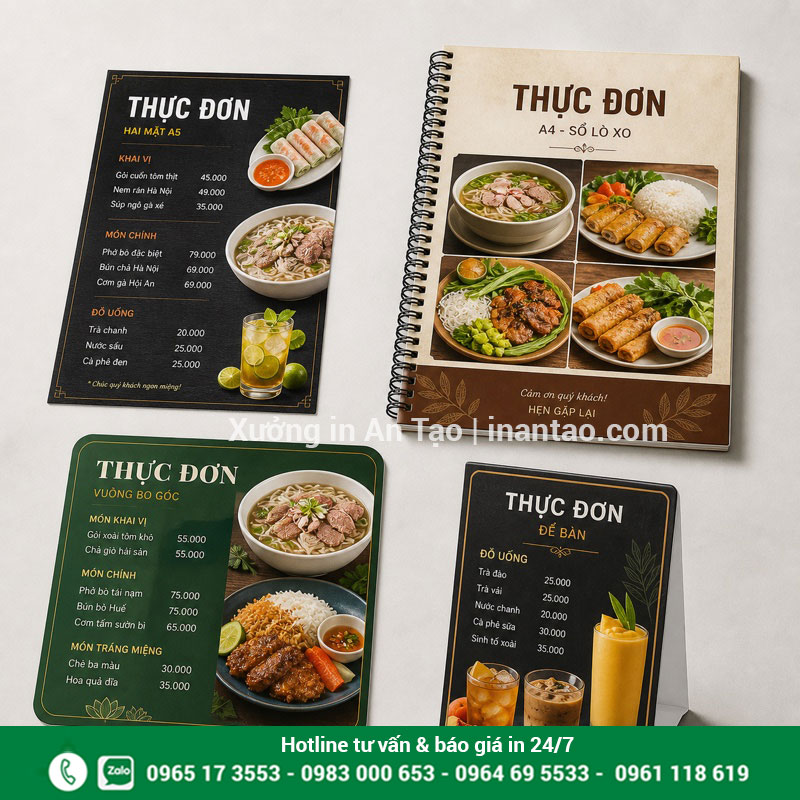 Các quy cách in menu nhựa PVC phổ biến Các kiểu menu nhựa PVC một tờ, lò xo và để bàn