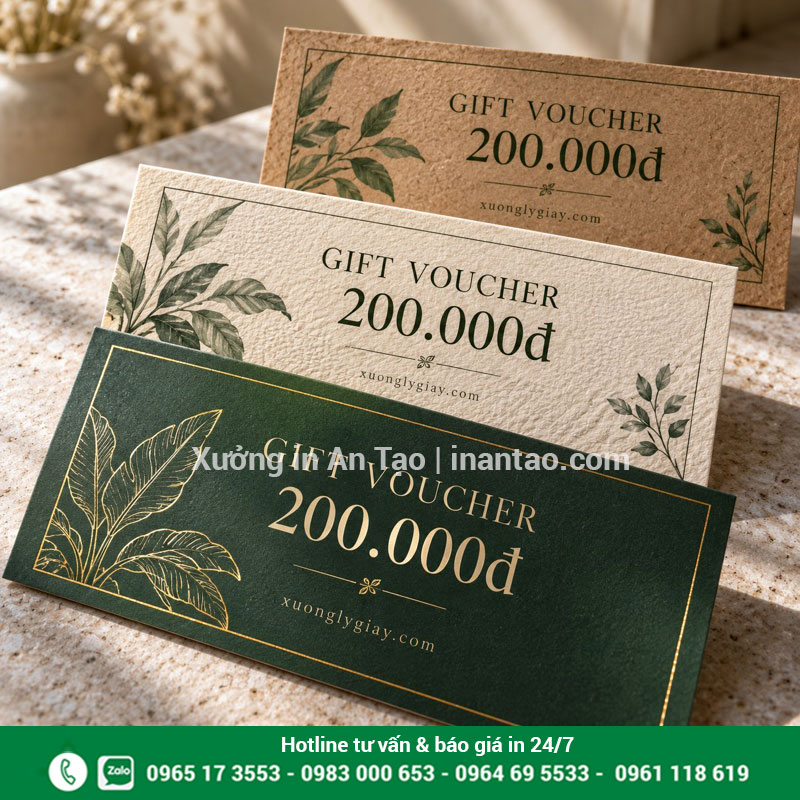 Chọn chất liệu giấy và gia công cho voucher Ba mẫu gift voucher 200.000 đồng trên giấy có bề mặt và màu nền khác nhau