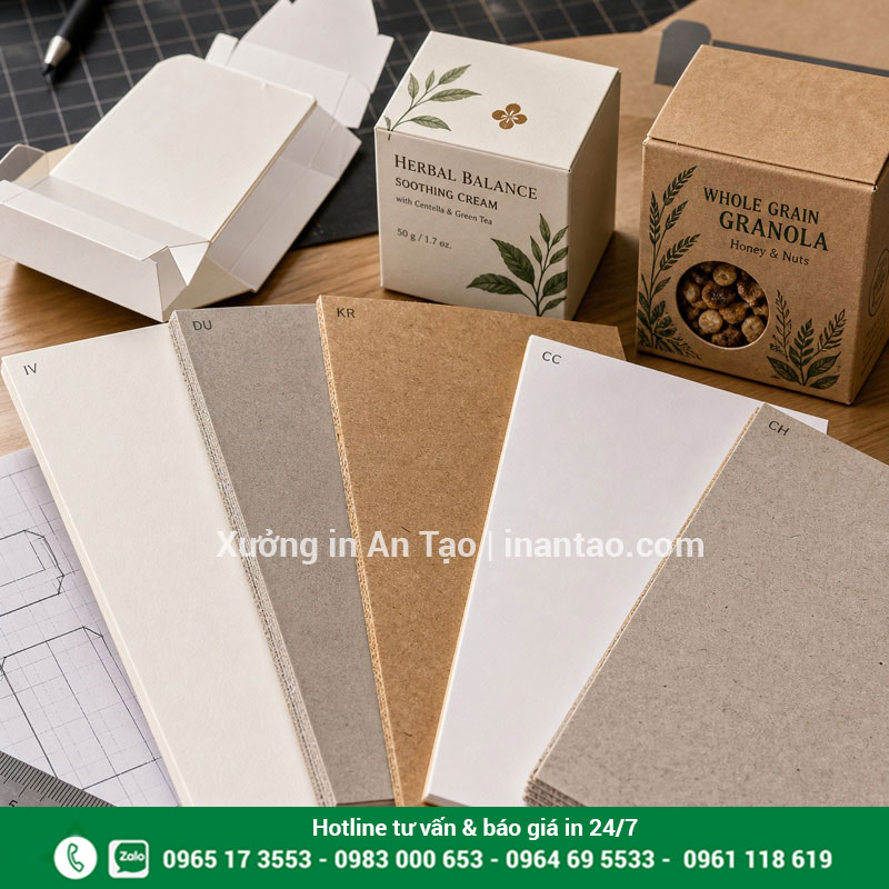 Chất liệu in hộp giấy theo yêu cầu và ngân sách Mẫu giấy Ivory, Duplex, Kraft, Couche và carton cứng dùng in hộp