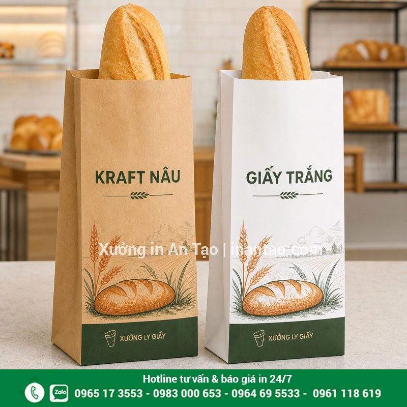 Chất liệu in túi giấy bánh mì Kraft nâu và giấy trắng So sánh chất liệu Kraft nâu và giấy trắng khi in túi giấy bánh mì