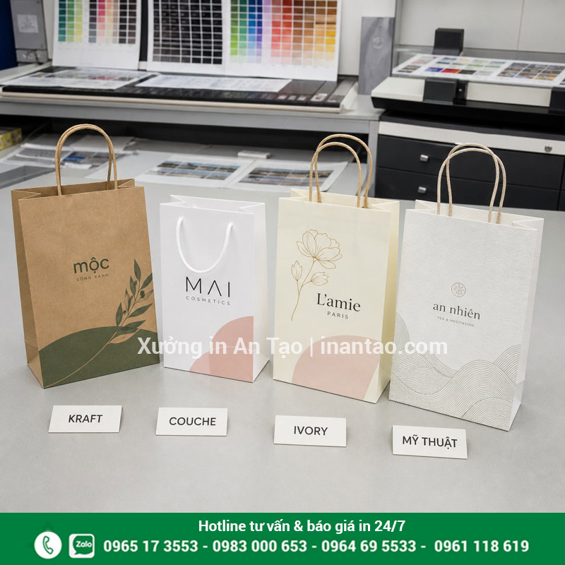 Các chất liệu in túi giấy phổ biến So sánh chất liệu Kraft Couche Ivory và giấy mỹ thuật in túi