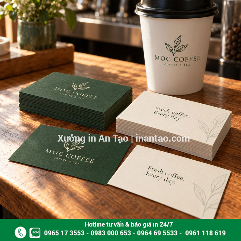 Danh thiếp đồng bộ nhận diện quán cà phê Bộ danh thiếp MOC COFFEE xanh lá và kem phối cùng ly giấy in logo