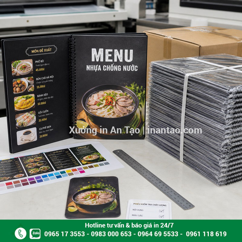 In menu nhựa TPHCM hoàn thiện tại xưởng Đơn hàng in menu nhựa TPHCM đã kiểm tra và đóng gói