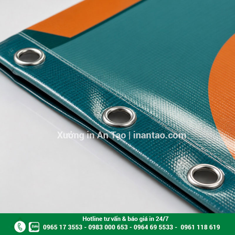 Gia công gấp biên đóng khoen in banner Cận cảnh gấp biên và đóng khoen kim loại cho banner Hiflex
