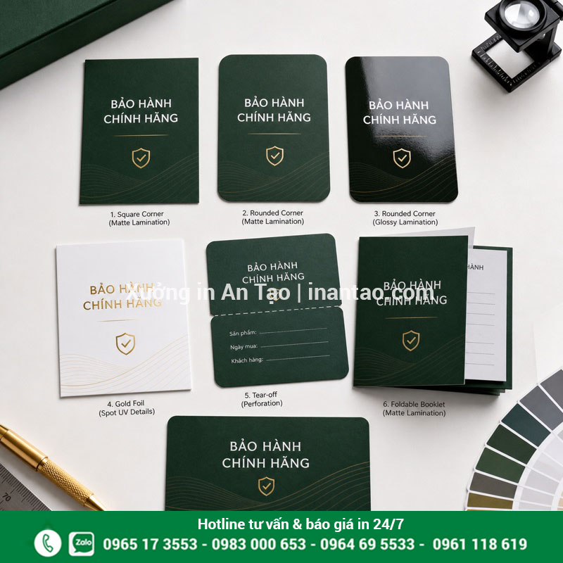 Gia công thẻ bảo hành theo yêu cầu Các kiểu gia công thẻ bảo hành gồm bo góc cán màng ép kim và gấp đôi
